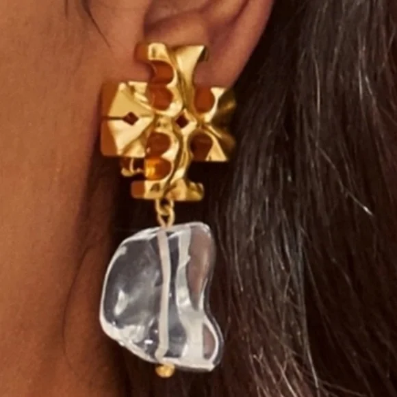 Tory Burch Roxanne clear green crystal stone drop earrings - Picture 3 of 6